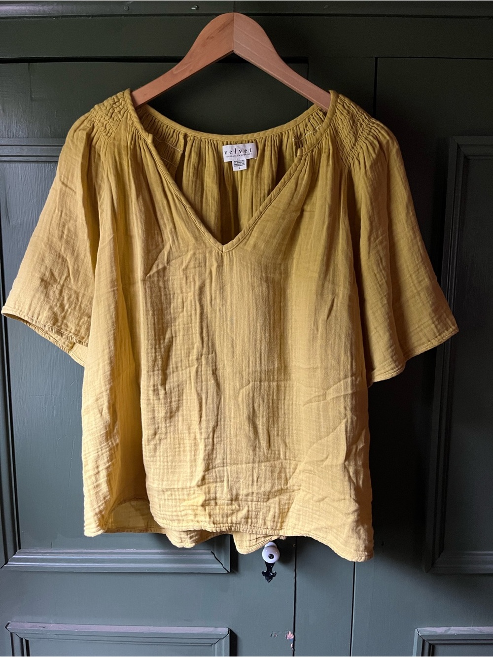 Velvet by Graham & Spencer 100% Cotton Mustard Gauze V-Neck Blouse